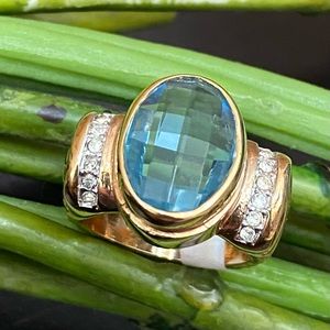 Vintage Aquamarine Pillow Cut Stone Gold-plated Statement Ring Size 6